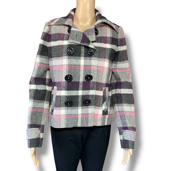 CAbi Womens Wool Blend Jacket Coat Double Breasted Plaid Purple Gray Size 4 - Picture 1 of 12